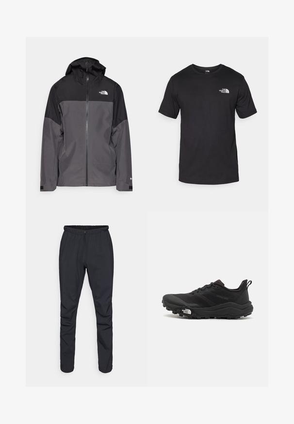 Harmaa vedenpitävä takki, jossa on musta yläosa, vetoketjullinen etuosa, säädettävä huppu ja joustavat hihansuut. Rinnassa ja hihassa on logo.; Mustat lyhythihaiset t-paidat, jotka on valmistettu puuvillasta. paidassa on pyöreä pääntie ja pieni valkoinen logo vasemmassa ylärintataskussa.; Mustat kevyet housut, joissa on elastinen vyötärö, nyörikiinnitys ja kapenevat lahkeet. Valmistettu vedenkestävästä materiaalista, jolla on sileä pinta.; Musta maastojuoksukengät, joissa on teksturoitu päällinen, kumipohja ja vahvistettu varvastoppia. Varusteena pehmustettu nilkkakappale ja vetotappi helppoa pukemista varten.