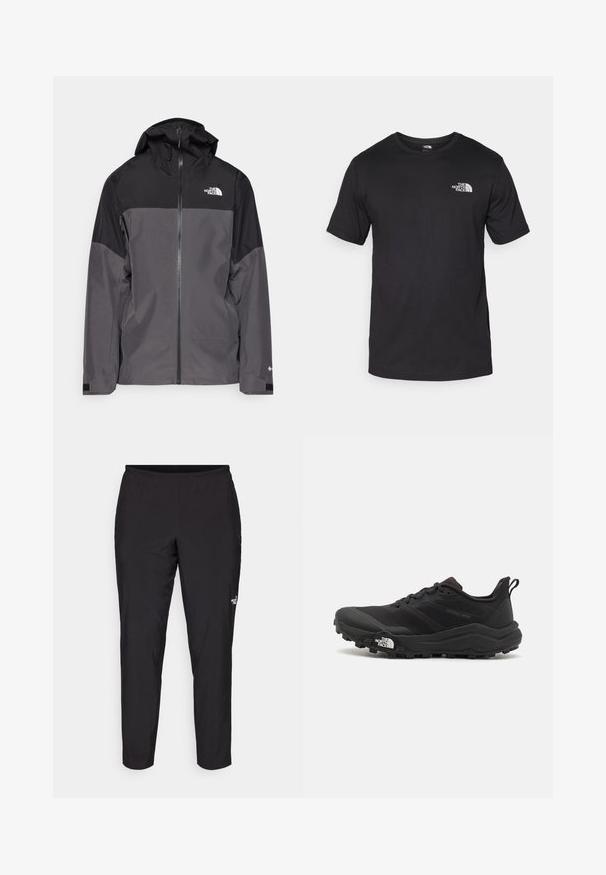 Szürke vízálló dzseki fekete felső résszel, cipzáros elülső rész, állítható kapucni és rugalmas mandzsetta. A mellkason és az ujjon logóval ellátva.; Fekete rövidujjú pamut póló, kerek nyakkivágással, a bal felső mellkason egy kis fehér logóval.; Fekete sportnadrág, rugalmas derékkal, szűkülő fazonban, sima textúrával, és egy kis fehér logóval a láb alsó részén.; Fekete terepfutó cipő, textúrált felső résszel, gumitalppal és megerősített lábujjrészével. Párnázott bokarésszel és húzófüllel rendelkezik a könnyű felhúzáshoz.