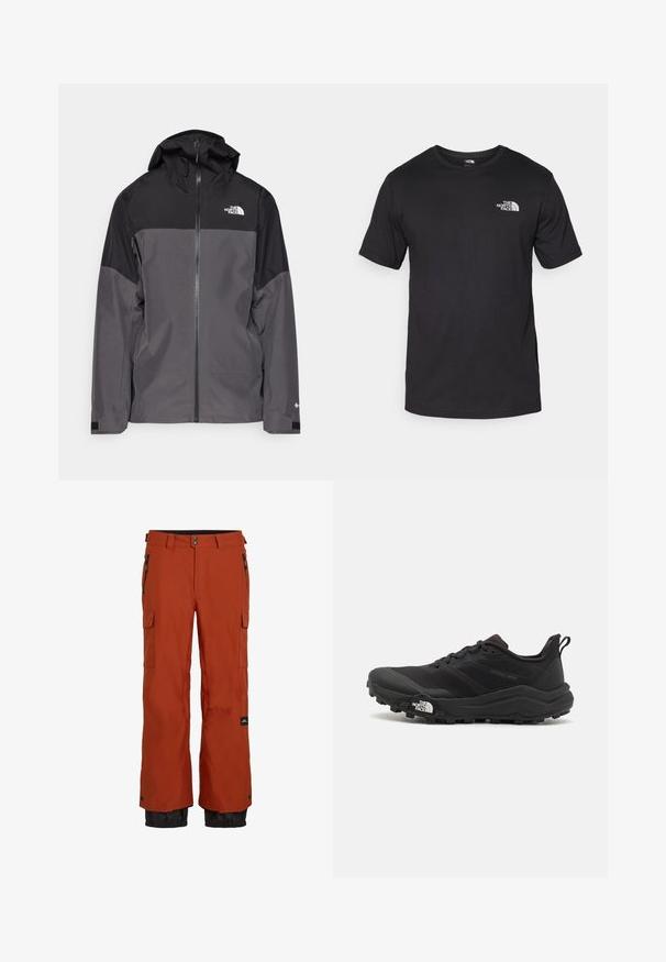 Gray waterproof jacket with a black upper section, zippered front, adjustable hood, and elastic cuffs. Features logo on chest and sleeve.; Black short-sleeve t-shirt made of cotton, featuring a round neckline and a small white logo on the upper left chest area.; Rust-orange waterproof ski pants with insulated fabric, two side zip pockets, cargo pocket, and black elastic cuffs at the ankles.; Black trail running shoe with a textured upper, rubber sole, and reinforced toe cap. Features a padded collar and pull tab for easy wear.