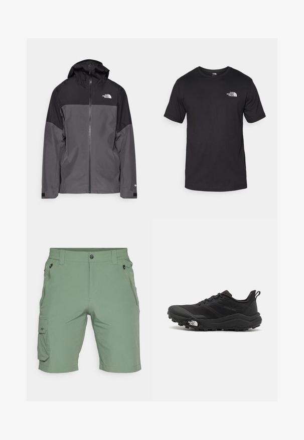 Grijze waterdichte jas met een zwart bovenstuk, een rits aan de voorkant, een verstelbare capuchon en elastische manchetten. Bevat logo op de borst en de mouw.; Zwarte T-shirt met korte mouwen van katoen, voorzien van een ronde halslijn en een klein wit logo op de bovenste linkerkant van de borst.; Groene cargoshorts van lichtgewicht stof, met een knoopsluiting, elastische tailleband, zijzakken en een cargozak op het been.; Zwarte trailrunning schoen met een gestructureerde bovenkant, rubberen zool en versterkte neus. Voorzien van een gevoerde kraag en een trekhaak voor eenvoudig aan- en uittrekken.