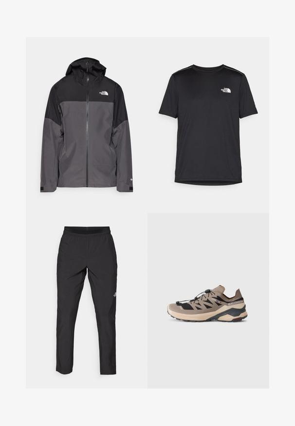Chaqueta impermeable gris con sección superior negra, cierre frontal con cremallera, capucha ajustable y puños elásticos. Presenta un logo en el pecho y la manga.; Camiseta negra de manga corta hecha de tejido ligero. Presenta un pequeño logo blanco en el lado izquierdo del pecho y sutiles acentos en los hombros.; Pantalones deportivos negros con cintura elástica, hechos de tela ligera, con un pequeño logo en la parte inferior de la pierna y un diseño de pierna recta.; Las zapatillas de trail Salomon en beige y negro presentan un diseño de corte bajo, una parte superior de malla transpirable, cordones elásticos y una suela robusta para un buen agarre.