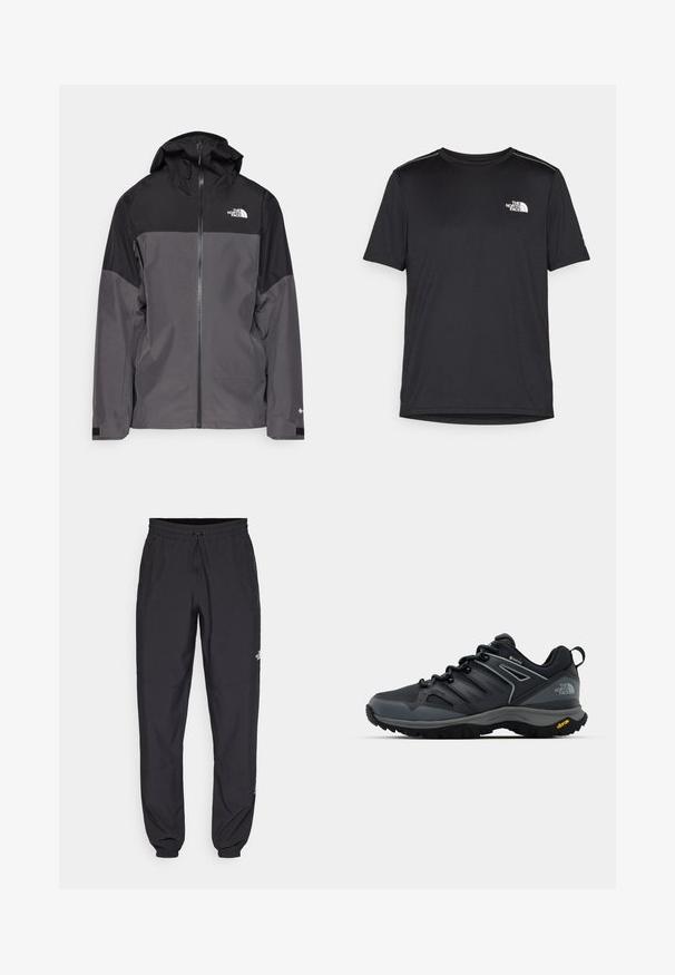 Grau wasserfeste Jacke mit schwarzem oberen Abschnitt, Reißverschluss vorne, verstellbarer Kapuze und elastischen Bündchen. Mit Logo auf der Brust und dem Ärmel.; Schwarzes T-Shirt mit kurzen Ärmeln aus leichtem Stoff. Mit einem kleinen weißen Logo auf der linken Brust und dezenten Akzenten an den Schultern.; Schwarze Sporthosen aus leichtem Stoff, mit einem Kordelzugbund, seitlichen Taschen und schmal zulaufenden Bündchen an den Knöcheln.; Schwarzer Wanderschuh mit einem atmungsaktiven Obermaterial, strukturierten Akzenten, Gummisohle und reflektierenden Details. Mit einem Vibram-Logo an der Ferse.