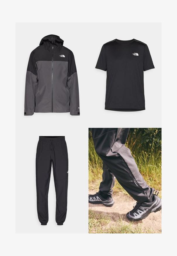 Giacca impermeabile grigia con sezione superiore nera, zip frontale, cappuccio regolabile e polsini elasticizzati. Presenta il logo sul petto e sulla manica.; T-shirt nero a maniche corte realizzata in tessuto leggero. Presenta un piccolo logo bianco sul lato sinistro del petto e delicati dettagli sulle spalle.; Pantaloni sportivi neri realizzati in tessuto leggero, con vita regolabile con cordino, tasche laterali e orli affusolati alle caviglie.; Pantaloni impermeabili neri con una vestibilità rilassata, dotati di una piccola tasca laterale. Abbinati a scarpe da trekking robuste nere e grigie con un motivo.