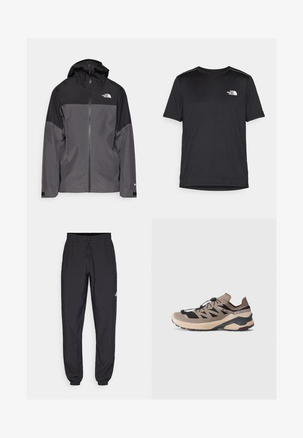 Gray waterproof jacket with a black upper section, zippered front, adjustable hood, and elastic cuffs. Features logo on chest and sleeve.; Black short-sleeve T-shirt made from lightweight fabric. Features a small white logo on the left chest and subtle shoulder accents.; Black athletic pants made from lightweight fabric, featuring a drawstring waistband, side pockets, and tapered cuffs at the ankles.; Salomon trail shoes in beige and black feature a low-cut design, breathable mesh upper, elasticated laces, and a rugged outsole for traction.