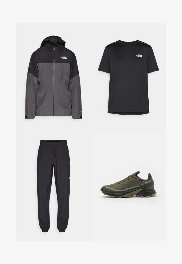 Gray waterproof jacket with a black upper section, zippered front, adjustable hood, and elastic cuffs. Features logo on chest and sleeve.; Black short-sleeve T-shirt made from lightweight fabric. Features a small white logo on the left chest and subtle shoulder accents.; Black athletic pants made from lightweight fabric, featuring a drawstring waistband, side pockets, and tapered cuffs at the ankles.; Olive green running shoes with a textured fabric upper, black rubber sole, rounded toe, and adjustable lace-up design. Features red accent.