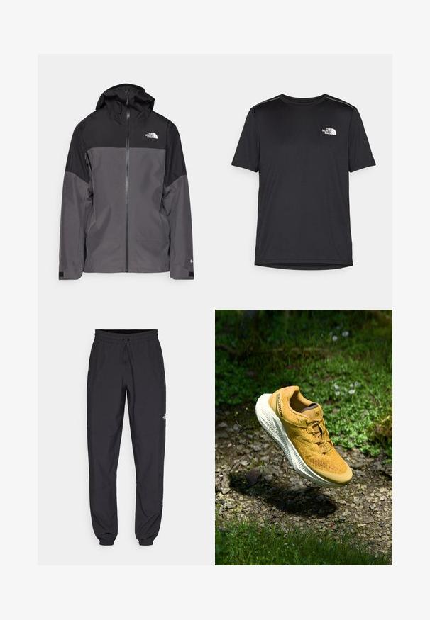 Jachetă impermeabilă gri, cu o secțiune superioară neagră, fermoar frontal, glugă ajustabilă și manșete elastice. Prezintă logo pe piept și pe mânecă.; Tricou negru cu mânecă scurtă, realizat dintr-un material ușor. Prezintă un mic logo alb pe pieptul stâng și accente subtile pe umeri.; Pantaloni atletici negri, confecționați dintr-un material ușor, cu un tiv elastic la talie, buzunare laterale și tivuri ajustate la gleznă.; Pantof de alergare galben Salomon plutind deasupra unei alei de pietriș, înconjurat de iarbă verde și flori sălbatice mici, în lumina naturală.