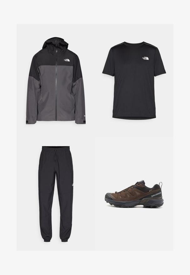 Harmaa vedenpitävä takki, jossa on musta yläosa, vetoketjullinen etuosa, säädettävä huppu ja joustavat hihansuut. Rinnassa ja hihassa on logo.; Mustapaita lyhyillä hihoilla, joka on valmistettu kevyestä kankaasta. Siinä on pieni valkoinen logo vasemmassa rinnassa ja huomaamattomia olkakoristeita.; Mustat urheiluhousut, jotka on valmistettu kevyestä kankaasta. Housuissa on naru vyötäröllä, sivutaskut ja kapenevat hihnat nilkoissa.; Ruskeat vaelluskengät, joissa on verkkokangasta ja mokkaa, mustat yksityiskohdat, teksturoitu pohja ja joustava nauhoitusjärjestelmä turvalliseen istuvuuteen. Sivussa on logo.