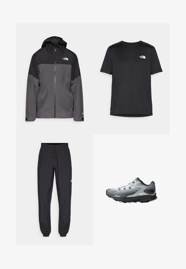 Grau wasserfeste Jacke mit schwarzem oberen Abschnitt, Reißverschluss vorne, verstellbarer Kapuze und elastischen Bündchen. Mit Logo auf der Brust und dem Ärmel.; Schwarzes T-Shirt mit kurzen Ärmeln aus leichtem Stoff. Mit einem kleinen weißen Logo auf der linken Brust und dezenten Akzenten an den Schultern.; Schwarze Sporthosen aus leichtem Stoff, mit einem Kordelzugbund, seitlichen Taschen und schmal zulaufenden Bündchen an den Knöcheln.; Trailrunning-Schuh mit einem grauen und schwarzen Farbschema, Obermaterial aus Mesh, robuster Sohle und strukturierten Akzenten für besseren Halt.