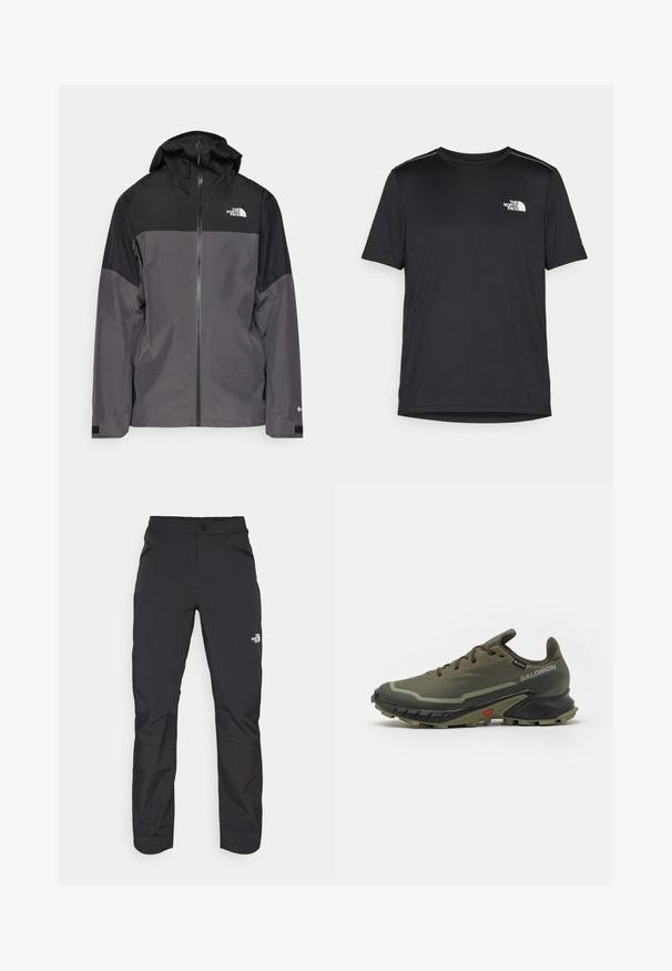 Pilkas vandeniui atsparus švarkas su juodu viršutiniu įdėklu, užtrauktuku priekyje, reguliuojamu gaubtu ir elastingomis rankovėmis. Yra logotipas ant krūtinės ir rankovės.; Juodas trumpas rankovės marškinėliai, pagaminti iš lengvos medžiagos. Yra mažas baltas logotipas kairiajame krūtinės pusėje ir subtilūs pečių akcentai.; Juodi lauko kelnės su užtrauktuku priekyje, pagamintos iš sintetinės medžiagos, siaurėjančiomis kojomis ir sustiprintomis kelių dalimis. Savybė - mygtuko užsegimas.; Olivinės spalvos bėgimo bateliai su tekstūruotu audinio viršumi, juodu guminio pado, apvaliu pirštu ir reguliuojamu raištelių užsegimu. Yra raudoni akcentai.