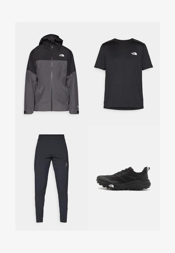 Pelēks ūdensnecaurlaidīgs mētelis ar melnu augšējo daļu, ar rāvējslēdzēja priekšpusi, regulējamu kapuci un elastīgām aprocēm. Iekļauj logotipu uz krūtīm un piedurknēm.; Melnas īsām piedurknēm T-kreklas, izgatavots no viegla auduma. Uz kreisā krūtīm ir neliels balts logo un smalki plecu akcenti.; Melnas sporta bikses, izgatavotas no viegla un elastīga materiāla. Iezīmēta ar elastīgu jostu un logo kreisajā gurnā. Šaura piegriezuma dizains.; Melnas taku skriešanas kurpes ar teksturētu virsu, gumijas zoli un pastiprinātu pirkstu daļu. Aprīkotas ar mīkstu apkakli un vilkšanas cilpu, lai viegli uzvilktu.