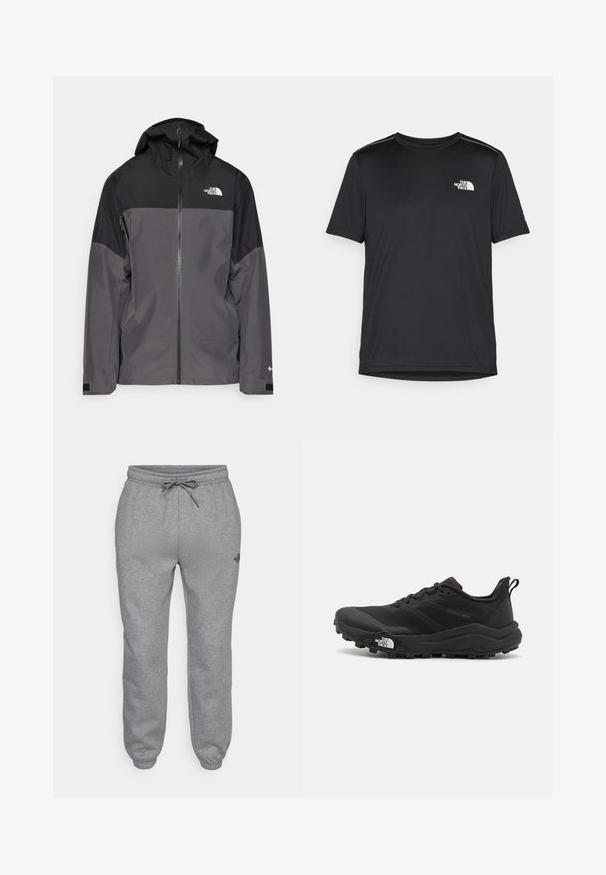 Gray waterproof jacket with a black upper section, zippered front, adjustable hood, and elastic cuffs. Features logo on chest and sleeve.; Black short-sleeve T-shirt made from lightweight fabric. Features a small white logo on the left chest and subtle shoulder accents.; The North Face SIMPLE DOME REGULAR TAPERED JOGGER - Tracksuit bottoms - medium grey heather; Black trail running shoe with a textured upper, rubber sole, and reinforced toe cap. Features a padded collar and pull tab for easy wear.