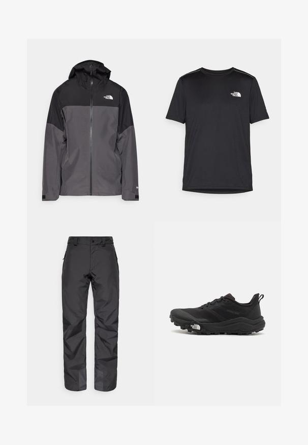 Grau wasserfeste Jacke mit schwarzem oberen Abschnitt, Reißverschluss vorne, verstellbarer Kapuze und elastischen Bündchen. Mit Logo auf der Brust und dem Ärmel.; Schwarzes T-Shirt mit kurzen Ärmeln aus leichtem Stoff. Mit einem kleinen weißen Logo auf der linken Brust und dezenten Akzenten an den Schultern.; Schwarze wasserdichte Outdoor-Hosen mit seitlichen Reißverschlusstaschen und verstärkten Knöchellöchern, auf einem schlichten weißen Hintergrund gezeigt.; Schwarzer Trailrunning-Schuh mit strukturiertem Obermaterial, Gummisohle und verstärkter Zehenkappe. Verfügt über einen gepolsterten Kragen und eine Ziehlasche für einfaches Anziehen.