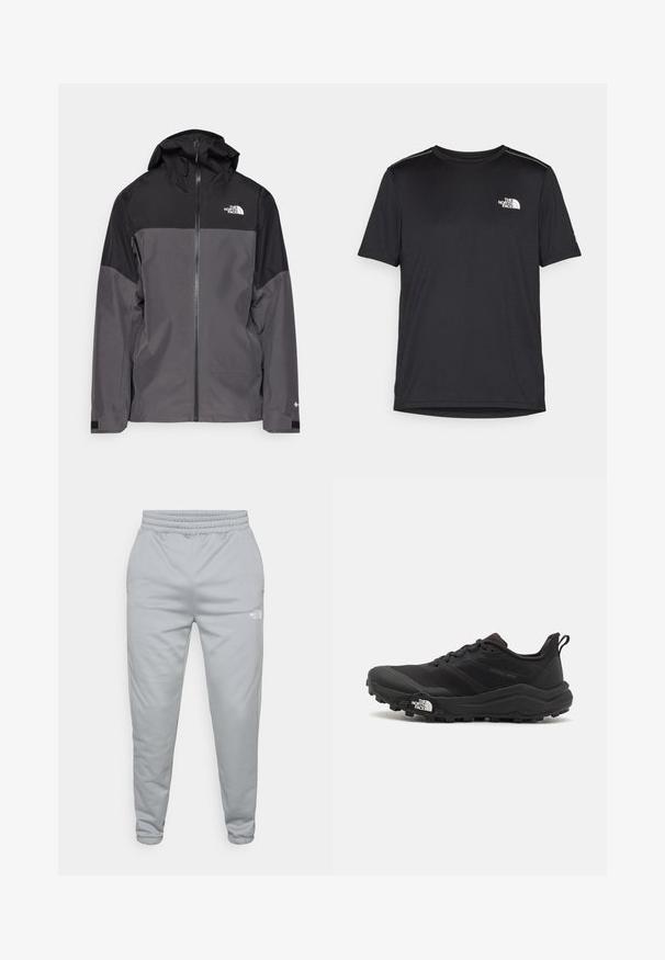 Grau wasserfeste Jacke mit schwarzem oberen Abschnitt, Reißverschluss vorne, verstellbarer Kapuze und elastischen Bündchen. Mit Logo auf der Brust und dem Ärmel.; Schwarzes T-Shirt mit kurzen Ärmeln aus leichtem Stoff. Mit einem kleinen weißen Logo auf der linken Brust und dezenten Akzenten an den Schultern.; Hellgraue Jogginghose mit elastischem Bund und Bündchen an den Knöcheln. Sie verfügt über ein kleines weißes Logo an der Unterseite. Strukturierter Stoff.; Schwarzer Trailrunning-Schuh mit strukturiertem Obermaterial, Gummisohle und verstärkter Zehenkappe. Verfügt über einen gepolsterten Kragen und eine Ziehlasche für einfaches Anziehen.