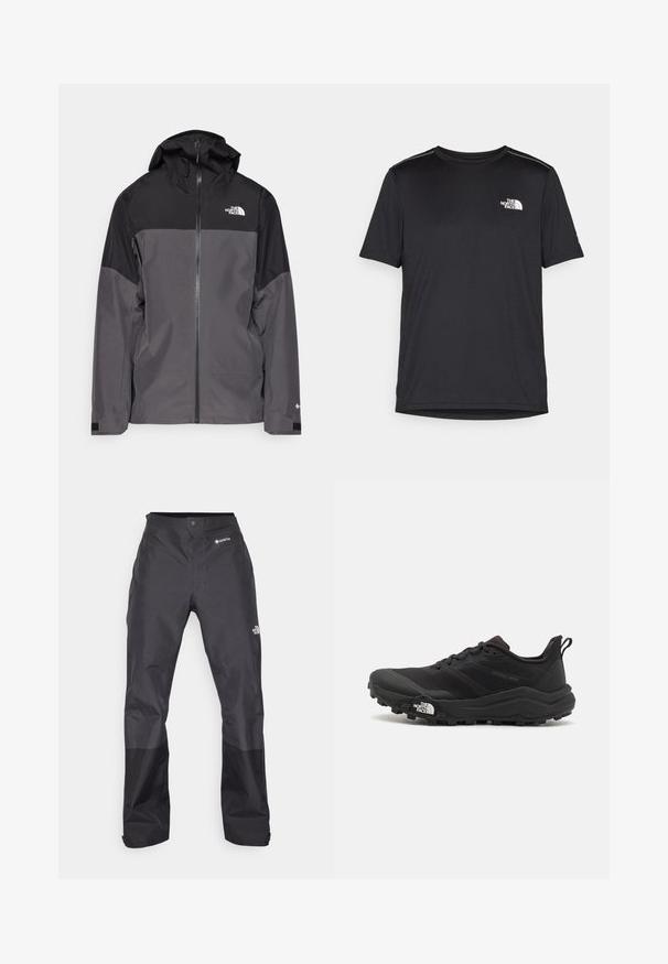 Hallide hall matroos jope, millel on must ülemine osa, lukuga esiosa, reguleeritav kapuuts ja elastsed varrukad. Selles on rinnal ja varrukal logo.; Must mustaöödiga must T-särk, mis on valmistatud kerge riidekanga. Esiküljel on vasakul rinnal väike valge logo ning õlgadel on peened aktsendid.; Mustad vettpidavad püksid, millel on sile tekstuur, ees GORE-TEX logo ja tugevdatud alumised jalad vastupidavuse tagamiseks.; Must tume jooksujalats musta värvi, tekstuurse ülemise osaga, kummist tallaga ja tugevdatud varbaga. Omab pehmendusega krae ja tõmblinti mugavaks selga panemiseks.