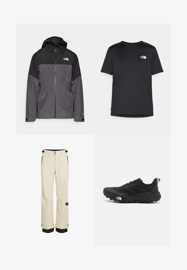 Gray waterproof jacket with a black upper section, zippered front, adjustable hood, and elastic cuffs. Features logo on chest and sleeve.; Black short-sleeve T-shirt made from lightweight fabric. Features a small white logo on the left chest and subtle shoulder accents.; Beige snow pants with black accents, standard fit, waterproof material, adjustable waist, zippered pockets, and elastic cuffs at the ankles.; Black trail running shoe with a textured upper, rubber sole, and reinforced toe cap. Features a padded collar and pull tab for easy wear.