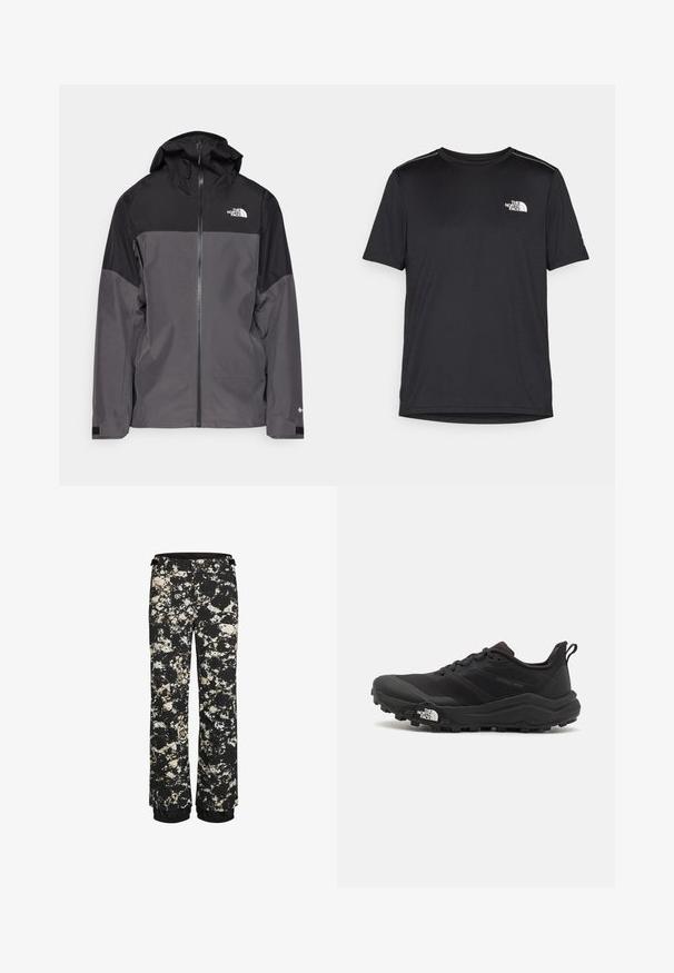 Pelēks ūdensnecaurlaidīgs mētelis ar melnu augšējo daļu, ar rāvējslēdzēja priekšpusi, regulējamu kapuci un elastīgām aprocēm. Iekļauj logotipu uz krūtīm un piedurknēm.; Melnas īsām piedurknēm T-kreklas, izgatavots no viegla auduma. Uz kreisā krūtīm ir neliels balts logo un smalki plecu akcenti.; Melni ūdensizturīgi sniega bikses ar krēmkrāsas un brūnu traipu rakstu. Iespējas ietver elastīgu aproci un regulējamu vidukli.; Melnas taku skriešanas kurpes ar teksturētu virsu, gumijas zoli un pastiprinātu pirkstu daļu. Aprīkotas ar mīkstu apkakli un vilkšanas cilpu, lai viegli uzvilktu.