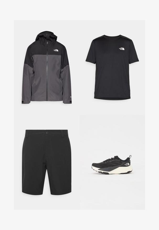 Pilkas vandeniui atsparus švarkas su juodu viršutiniu įdėklu, užtrauktuku priekyje, reguliuojamu gaubtu ir elastingomis rankovėmis. Yra logotipas ant krūtinės ir rankovės.; Juodas trumpas rankovės marškinėliai, pagaminti iš lengvos medžiagos. Yra mažas baltas logotipas kairiajame krūtinės pusėje ir subtilūs pečių akcentai.; Juodi šortai, pagaminti iš lengvos medžiagos, su mygtuko uždarymu, lygiai priekyje ir šoninėmis kišenėmis. Lygus paviršius ir ilgis virš kelių.; Juodas sportinis batelis su tekstūruotu tinkleliu, solidžiai juodais akcentais ir lengvu baltu padu. Yra raištelių uždarymas ir trauktukas.