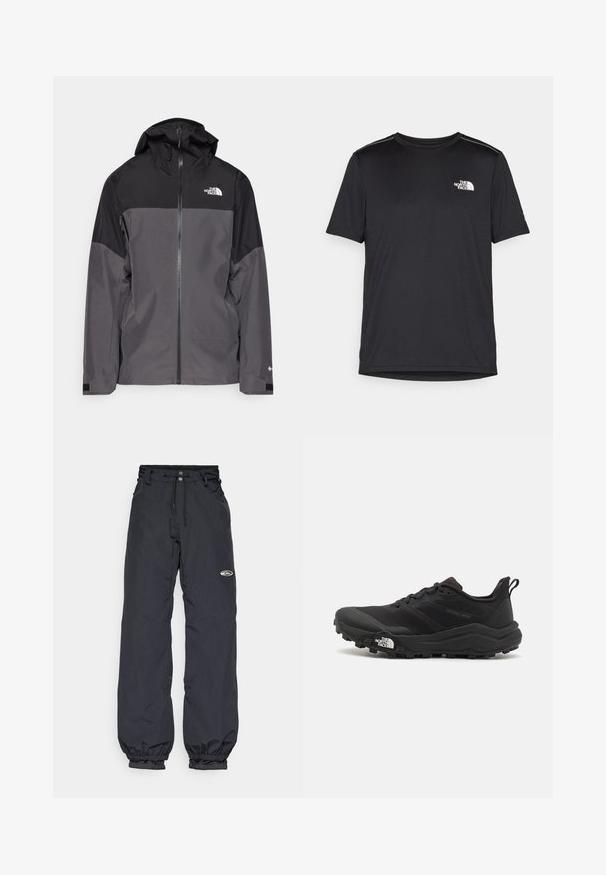 Grijze waterdichte jas met een zwart bovenstuk, een rits aan de voorkant, een verstelbare capuchon en elastische manchetten. Bevat logo op de borst en de mouw.; Zwarte T-shirt met korte mouwen, gemaakt van lichtgewicht stof. Bevat een klein wit logo op de linkerborst en verfijnde schouderaccenten.; Zwarte waterdichte broeken met een verstelbare tailleband, elastische manchetten en een klein logo-opdruk op de bovenbeen; lichtgewicht stof.; Zwarte trailrunning schoen met een gestructureerde bovenkant, rubberen zool en versterkte neus. Voorzien van een gevoerde kraag en een trekhaak voor eenvoudig aan- en uittrekken.