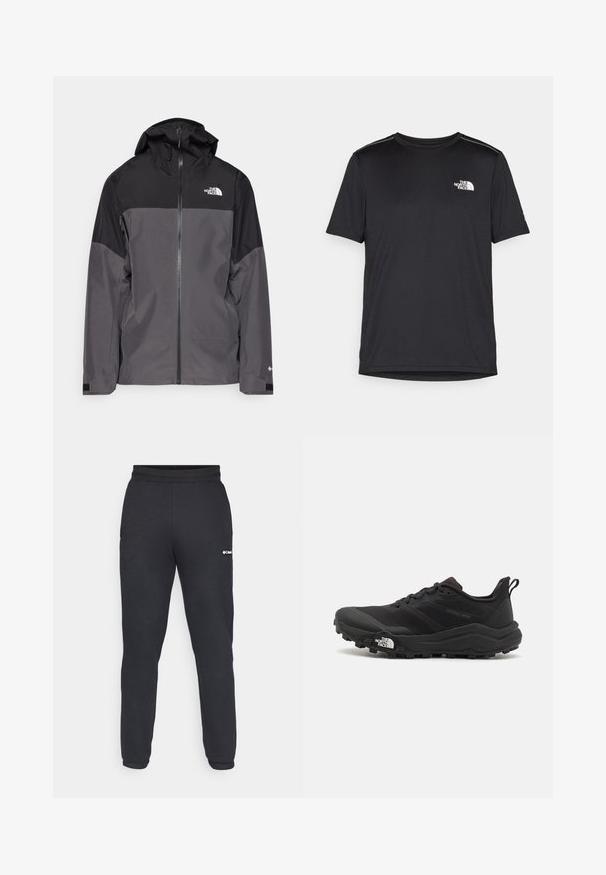 Pelēks ūdensnecaurlaidīgs mētelis ar melnu augšējo daļu, ar rāvējslēdzēja priekšpusi, regulējamu kapuci un elastīgām aprocēm. Iekļauj logotipu uz krūtīm un piedurknēm.; Melnas īsām piedurknēm T-kreklas, izgatavots no viegla auduma. Uz kreisā krūtīm ir neliels balts logo un smalki plecu akcenti.; Melnas sporta bikses no mīksta materiāla, ar ciešu jostu un sašaurinātiem svārkiem. Neliels balts logo atrodas kreisajā pusē.; Melnas taku skriešanas kurpes ar teksturētu virsu, gumijas zoli un pastiprinātu pirkstu daļu. Aprīkotas ar mīkstu apkakli un vilkšanas cilpu, lai viegli uzvilktu.