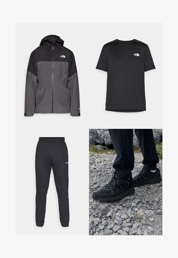Siva vodoodbojna jakna z črnim zgornjim delom, zadrgo spredaj, nastavljivo kapuco in elastičnimi manšetami. Ima logotip na prsih in rokavih.; Črna kratkosleevena majica iz lahkotnega materiala. Ima majhen bel logo na levem prsnem delu in diskretne poudarke na ramenskem predelu.; Črne trenirke, izdelane iz mehkega materiala, z oprijetim pasom in zoženimi nogami. Majhna bela oznaka je postavljena na levi strani.; Črne zunanje čevlje iz mrežastega in sintetičnega materiala, s teksturiranim zgornjim delom, zavarovanim sistemom vezalk in trdim podplatom, na skalnatem terenu.