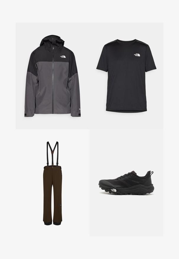 Harmaa vedenpitävä takki, jossa on musta yläosa, vetoketjullinen etuosa, säädettävä huppu ja joustavat hihansuut. Rinnassa ja hihassa on logo.; Mustapaita lyhyillä hihoilla, joka on valmistettu kevyestä kankaasta. Siinä on pieni valkoinen logo vasemmassa rinnassa ja huomaamattomia olkakoristeita.; Ruskeat lumilautahousut, joissa on säädettävät mustat olkaimet, vetoketjulliset taskut, vahvistetut lahkeet ja logo-patch reidessä.; Musta maastojuoksukengät, joissa on teksturoitu päällinen, kumipohja ja vahvistettu varvastoppia. Varusteena pehmustettu nilkkakappale ja vetotappi helppoa pukemista varten.