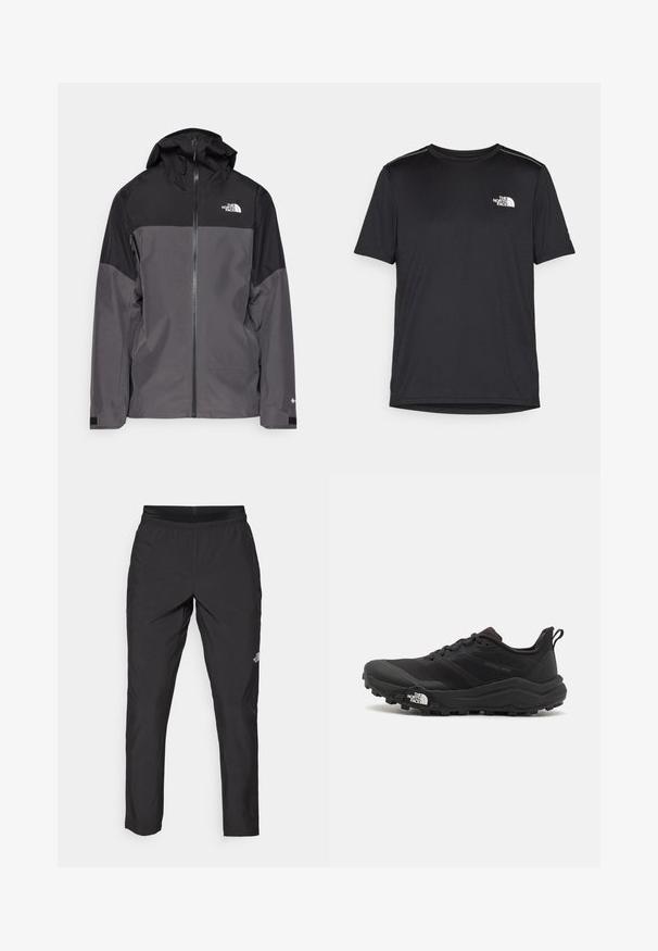 Pelēks ūdensnecaurlaidīgs mētelis ar melnu augšējo daļu, ar rāvējslēdzēja priekšpusi, regulējamu kapuci un elastīgām aprocēm. Iekļauj logotipu uz krūtīm un piedurknēm.; Melnas īsām piedurknēm T-kreklas, izgatavots no viegla auduma. Uz kreisā krūtīm ir neliels balts logo un smalki plecu akcenti.; Melni sporta bikses ar elastīgu jostasvietu, izgatavotas no viegla materiāla, ar mazu logo uz apakšējās kājas un taisnu kāju dizainu.; Melnas taku skriešanas kurpes ar teksturētu virsu, gumijas zoli un pastiprinātu pirkstu daļu. Aprīkotas ar mīkstu apkakli un vilkšanas cilpu, lai viegli uzvilktu.