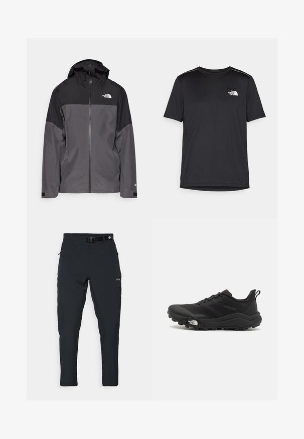 Hallide hall matroos jope, millel on must ülemine osa, lukuga esiosa, reguleeritav kapuuts ja elastsed varrukad. Selles on rinnal ja varrukal logo.; Must mustaöödiga must T-särk, mis on valmistatud kerge riidekanga. Esiküljel on vasakul rinnal väike valge logo ning õlgadel on peened aktsendid.; Columbia ESSENTIAL HIKE™ PANT - Õuepüksid - black; Must tume jooksujalats musta värvi, tekstuurse ülemise osaga, kummist tallaga ja tugevdatud varbaga. Omab pehmendusega krae ja tõmblinti mugavaks selga panemiseks.