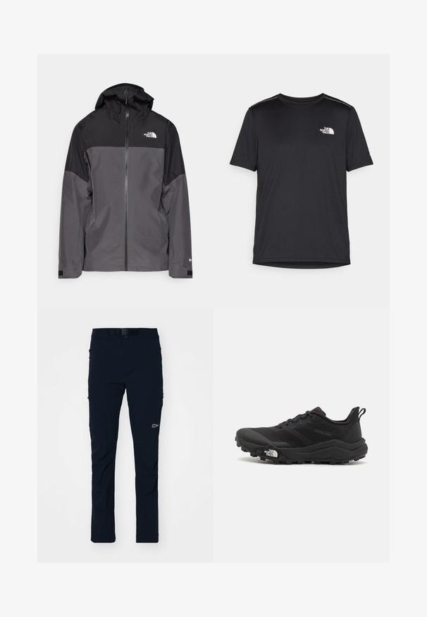 Pelēks ūdensnecaurlaidīgs mētelis ar melnu augšējo daļu, ar rāvējslēdzēja priekšpusi, regulējamu kapuci un elastīgām aprocēm. Iekļauj logotipu uz krūtīm un piedurknēm.; Melnas īsām piedurknēm T-kreklas, izgatavots no viegla auduma. Uz kreisā krūtīm ir neliels balts logo un smalki plecu akcenti.; Berghaus TRAIL EXPLORER PANT - Āra bikses - black; Melnas taku skriešanas kurpes ar teksturētu virsu, gumijas zoli un pastiprinātu pirkstu daļu. Aprīkotas ar mīkstu apkakli un vilkšanas cilpu, lai viegli uzvilktu.