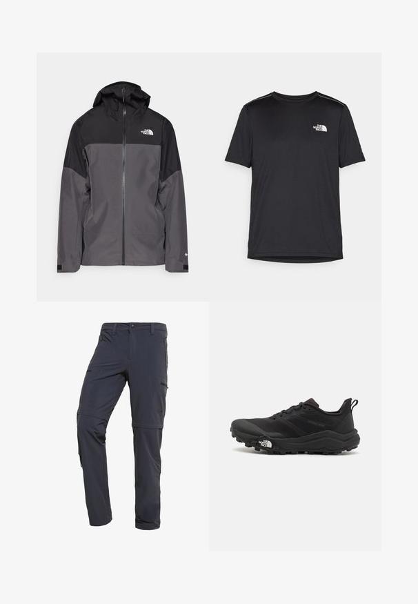 Giacca impermeabile grigia con sezione superiore nera, zip frontale, cappuccio regolabile e polsini elasticizzati. Presenta il logo sul petto e sulla manica.; T-shirt nero a maniche corte realizzata in tessuto leggero. Presenta un piccolo logo bianco sul lato sinistro del petto e delicati dettagli sulle spalle.; The North Face EXPLORATION CONVERTIBLE PANT - Pantaloni - asphalt grey; Scarpa da trail running nera con tomaia texture, suola in gomma e punta rinforzata. Presenta un collare imbottito e un tassello per un indossamento facile.