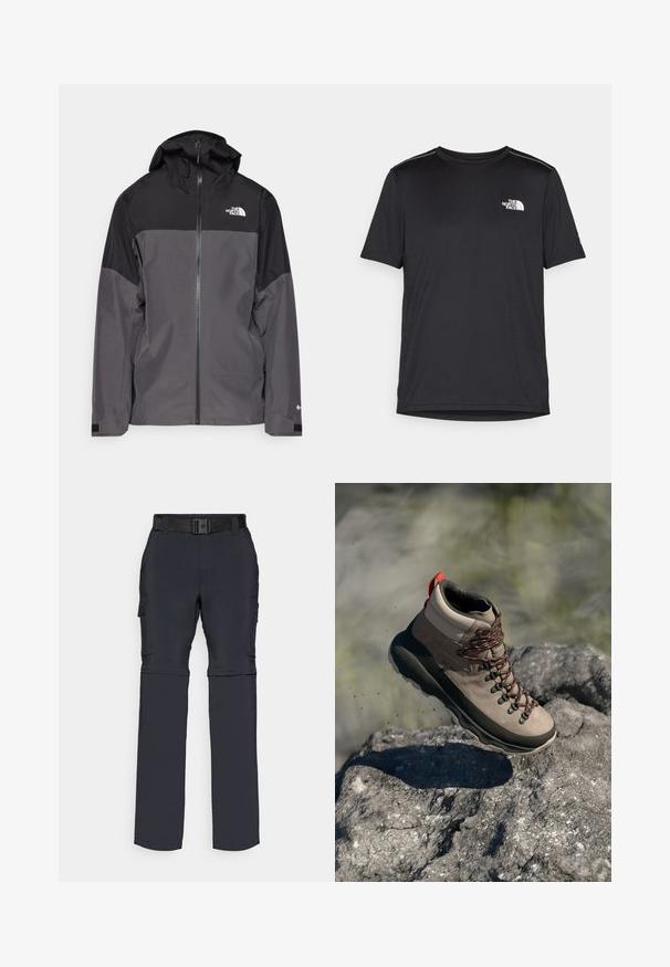 Harmaa vedenpitävä takki, jossa on musta yläosa, vetoketjullinen etuosa, säädettävä huppu ja joustavat hihansuut. Rinnassa ja hihassa on logo.; Mustapaita lyhyillä hihoilla, joka on valmistettu kevyestä kankaasta. Siinä on pieni valkoinen logo vasemmassa rinnassa ja huomaamattomia olkakoristeita.; Tummasta kankaasta valmistetut cargo-housut, joissa on vyö, sivupuut, suorat lahkeet ja sileä pinta.; Vaelluskenkä taupe-nahkaa ja tummasta kumista, jossa on punaisia yksityiskohtia, metallisia niittejä ja oranssit nauhat, kohotettuna kivisestä pinnasta.