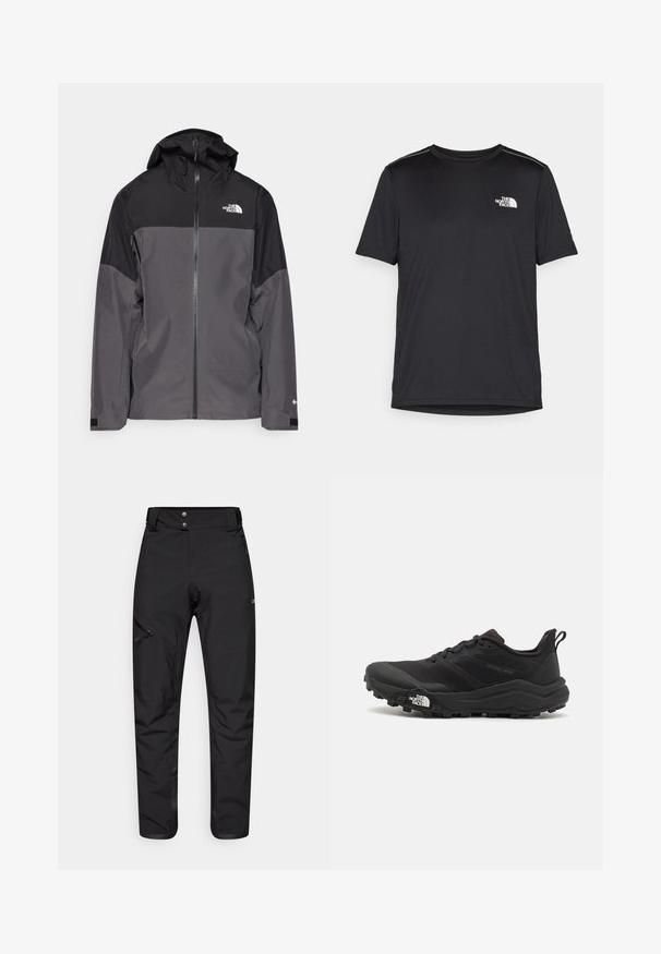 Grijze waterdichte jas met een zwart bovenstuk, een rits aan de voorkant, een verstelbare capuchon en elastische manchetten. Bevat logo op de borst en de mouw.; Zwarte T-shirt met korte mouwen, gemaakt van lichtgewicht stof. Bevat een klein wit logo op de linkerborst en verfijnde schouderaccenten.; Zwarte outdoorbroek gemaakt van een duurzame, lichtgewicht stof. Voorzien van een ritssluitingzak op de linkerdij en een tailleband met twee knopen.; Zwarte trailrunning schoen met een gestructureerde bovenkant, rubberen zool en versterkte neus. Voorzien van een gevoerde kraag en een trekhaak voor eenvoudig aan- en uittrekken.