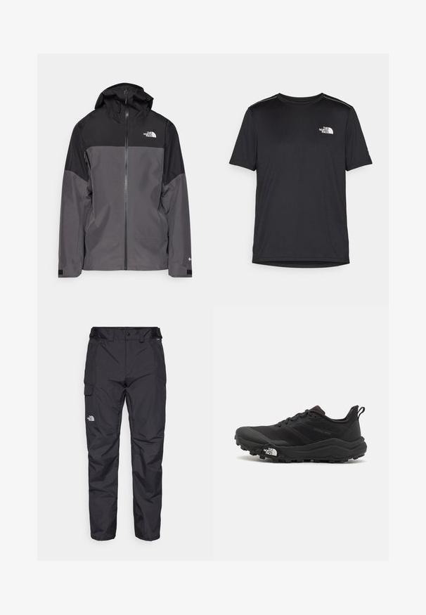 Grau wasserfeste Jacke mit schwarzem oberen Abschnitt, Reißverschluss vorne, verstellbarer Kapuze und elastischen Bündchen. Mit Logo auf der Brust und dem Ärmel.; Schwarzes T-Shirt mit kurzen Ärmeln aus leichtem Stoff. Mit einem kleinen weißen Logo auf der linken Brust und dezenten Akzenten an den Schultern.; Schwarze wasserdichte Cargo-Hose aus leichtem Material, mit einer Seiten- und einem Logo auf dem linken Oberschenkel. Verstellbarer Bund mit Beschlägen.; Schwarzer Trailrunning-Schuh mit strukturiertem Obermaterial, Gummisohle und verstärkter Zehenkappe. Verfügt über einen gepolsterten Kragen und eine Ziehlasche für einfaches Anziehen.
