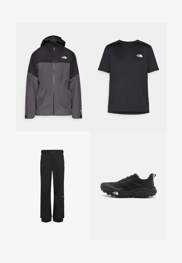 Jachetă impermeabilă gri, cu o secțiune superioară neagră, fermoar frontal, glugă ajustabilă și manșete elastice. Prezintă logo pe piept și pe mânecă.; Tricou negru cu mânecă scurtă, realizat dintr-un material ușor. Prezintă un mic logo alb pe pieptul stâng și accente subtile pe umeri.; Pantaloni de schi negri, confecționați dintr-un material impermeabil, cu o croială lejeră. Caracteristici: buzunare cu fermoar și manșete ajustabile pentru o potrivire sigură.; Pantofii de alergare pe teren accidentat, de culoare neagră, cu un superior texturat, talpă din cauciuc și vârf întărit. Prezintă un guler căptușit și o bandă de prindere pentru îmbrăcare ușoară.