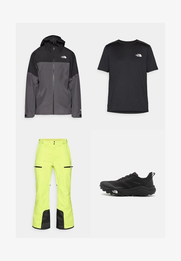 Gray waterproof jacket with a black upper section, zippered front, adjustable hood, and elastic cuffs. Features logo on chest and sleeve.; Black short-sleeve T-shirt made from lightweight fabric. Features a small white logo on the left chest and subtle shoulder accents.; Bright yellow ski pants with black accents, zippered pockets, and adjustable waist, made from a durable, weather-resistant material.; Black trail running shoe with a textured upper, rubber sole, and reinforced toe cap. Features a padded collar and pull tab for easy wear.