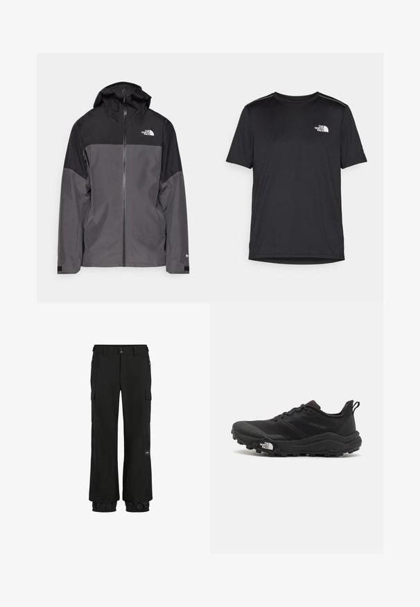 Siva vodootporna jakna s crnim gornjim dijelom, s patentnim zatvaračem sprijeda, podesivim kapuljačom i elastičnim manžetama. Ima logo na prsima i rukavu.; Crna majica kratkih rukava izrađena od lagane tkanine. Ima mali bijeli logo na lijevoj strani grudi i suptilne naglaske na ramenima.; Crne cargo hlače s opuštenim fitom, izrađene od izdržljivog materijala. Uključuju zippered džepove, elastične rubove i oznaku s logotipom.; Crne trail trkačke cipele s teksturiranim gornjim dijelom, gumeni potplat i ojačana zaštita za prste. Imaju podstavljen ovratnik i trakicu za lakše obuvanje.