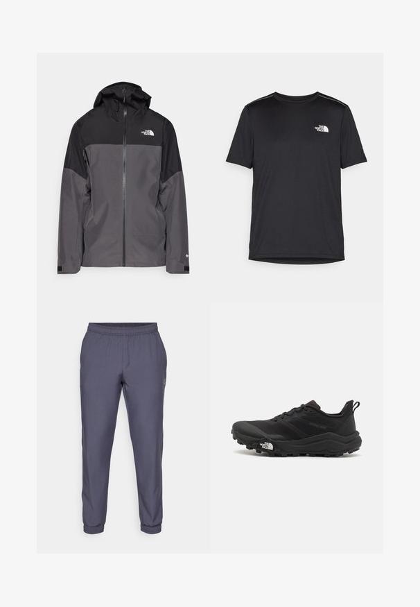 Jachetă impermeabilă gri, cu o secțiune superioară neagră, fermoar frontal, glugă ajustabilă și manșete elastice. Prezintă logo pe piept și pe mânecă.; Tricou negru cu mânecă scurtă, realizat dintr-un material ușor. Prezintă un mic logo alb pe pieptul stâng și accente subtile pe umeri.; Pantaloni atletici gri cu talie elastică, picioare conice și margini manșonate. Textură netedă și branding minim pe lateral.; Pantofii de alergare pe teren accidentat, de culoare neagră, cu un superior texturat, talpă din cauciuc și vârf întărit. Prezintă un guler căptușit și o bandă de prindere pentru îmbrăcare ușoară.