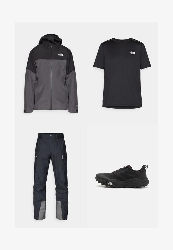 Szürke vízálló dzseki fekete felső résszel, cipzáros elülső rész, állítható kapucni és rugalmas mandzsetta. A mellkason és az ujjon logóval ellátva.; Fekete, rövid ujjú póló, könnyű anyagból készült. Bal mellen egy kis fehér logó található, és finom vállrész kiemelések.; Fekete, egyenes szabású kültéri nadrág, oldalsó zsebekkel, szürke részletekkel az alsó lábakon, és tartós anyagból készült. Vízálló kivitel.; Fekete terepfutó cipő, textúrált felső résszel, gumitalppal és megerősített lábujjrészével. Párnázott bokarésszel és húzófüllel rendelkezik a könnyű felhúzáshoz.