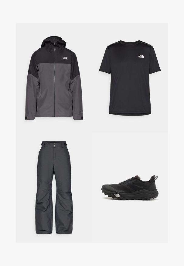 Siva vodoodbojna jakna z črnim zgornjim delom, zadrgo spredaj, nastavljivo kapuco in elastičnimi manšetami. Ima logotip na prsih in rokavih.; Črna kratkosleevena majica iz lahkotnega materiala. Ima majhen bel logo na levem prsnem delu in diskretne poudarke na ramenskem predelu.; Črne izolirane snežne hlače z nastavljivimi pasovi, sprednjimi pritisnimi gumbi in šivi na nogah, zasnovane za hladno vreme.; Črne tekaške čevlje za trail s teksturirano zgornjega dela, gumijastim podplatom in ojačanim zaključkom prstov. Vključuje oblazinjen ovratnik in zanko za enostavno obuvanje.