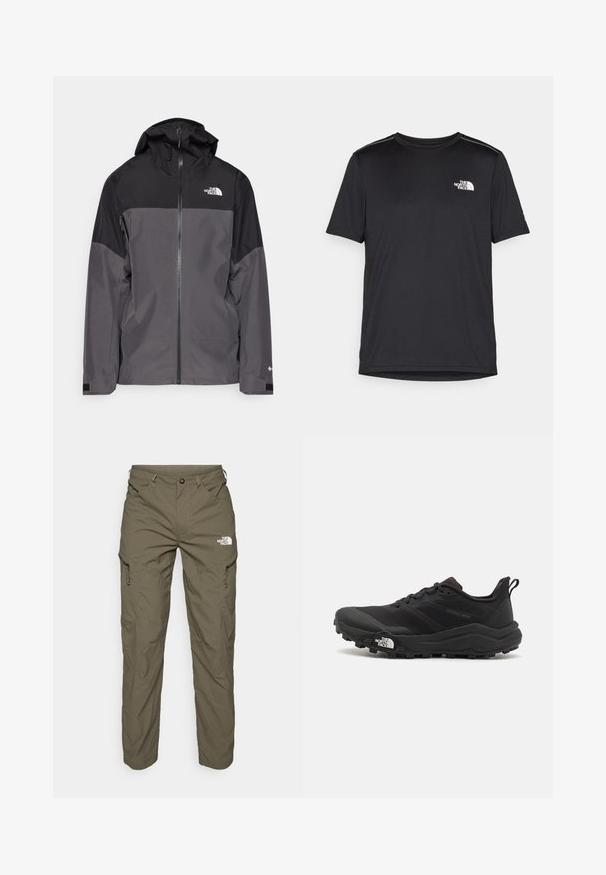 Šedá nepromokavá bunda s černou horní částí, zipem vpředu, nastavitelnou kapucí a elastickými manžetami. Na hrudi a rukávu je logo.; Černé tričko s krátkým rukávem vyrobené z lehkého materiálu. Má malé bílé logo na levé části hrudi a decentní akcenty na ramenech.; Olivově zelené venkovní kalhoty vyrobené z lehké tkaniny, s cargo kapsami, zipovými akcenty a logem na horní části stehna.; Černé trailové běžecké boty s texturovaným svrškem, gumovou podrážkou a vyztuženou špičkou. Obsahují polstrovaný límec a poutko pro snadné obouvání.