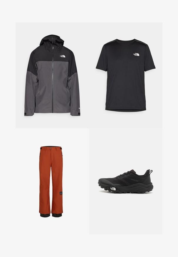 Grå vandtæt jakke med en sort overdel, lynlås foran, justerbar hætte og elastiske manchetter. Har logo på brystet og ærmet.; Sort t-shirt med korte ærmer lavet af letvægtsstof. Har et lille hvidt logo på venstre bryst og diskrete skuldrelementer.; Orange vandtætte skibukser med en sort justerbar talje, sidelommer og elastiske manchetter til temperaturregulering.; Sort trail løbesko med en struktureret overdel, gummisål og forstærket tåhætte. Har en polstret krave og en pull-tab til nem påtagning.