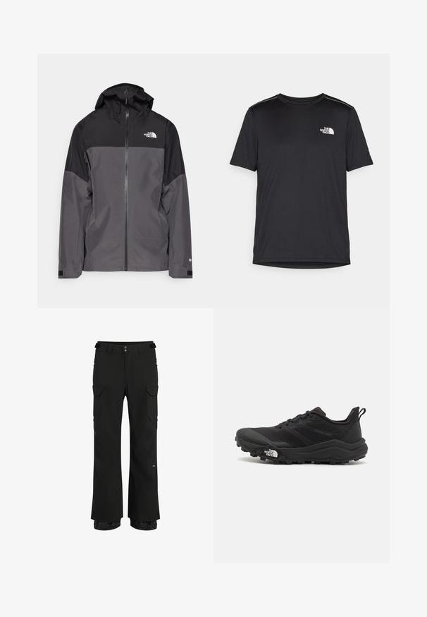 Szürke vízálló dzseki fekete felső résszel, cipzáros elülső rész, állítható kapucni és rugalmas mandzsetta. A mellkason és az ujjon logóval ellátva.; Fekete, rövid ujjú póló, könnyű anyagból készült. Bal mellen egy kis fehér logó található, és finom vállrész kiemelések.; Fekete cargo nadrág, laza szabással, több oldalsó zsebbel, állítható derékkal és vízálló anyaggal a szabadtéri használathoz.; Fekete terepfutó cipő, textúrált felső résszel, gumitalppal és megerősített lábujjrészével. Párnázott bokarésszel és húzófüllel rendelkezik a könnyű felhúzáshoz.