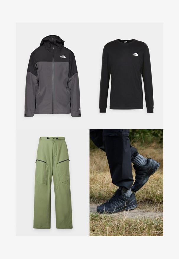 Szürke vízálló dzseki fekete felső résszel, cipzáros elülső rész, állítható kapucni és rugalmas mandzsetta. A mellkason és az ujjon logóval ellátva.; Fekete, hosszú ujjú pamut póló, bal mellrészen fehér logóval és bordázott mandzsettákkal. Sima textúrájú, kerek nyakkivágással.; Zöld, könnyű anyagból készült, magas derekú kerti nadrág, két cipzáras elülső zsebbel és logóval a combon.; Fekete sportcipők texturált hálós felsőrésszel, gumitalppal és feltűnő fűzőrendszerrel. Szürke kötött zoknival és fekete nadrággal párosítva.