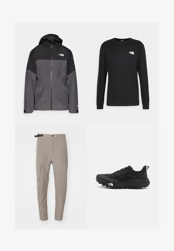 Pilkas vandeniui atsparus švarkas su juodu viršutiniu įdėklu, užtrauktuku priekyje, reguliuojamu gaubtu ir elastingomis rankovėmis. Yra logotipas ant krūtinės ir rankovės.; Juoda džemperis ilgomis rankovėmis, pagamintas iš medvilnės, su baltu logotipu kairėje krūtinės pusėje ir pūstomis rankogaliais. Lygus paviršius su apykakle.; The North Face MOUNTAIN ATHLETICS HYBRID PANT - Lauko kelnės - grey; Juoda bėgimo batai su tekstūruotu paviršiumi, guma padais ir sustiprinta pirštų dalimi. Yra paminkštinta apykaklė ir kilpos, leidžiančios lengvai užsidėti.