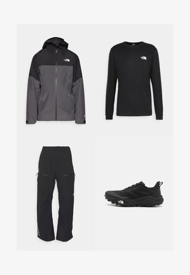 Szürke vízálló dzseki fekete felső résszel, cipzáros elülső rész, állítható kapucni és rugalmas mandzsetta. A mellkason és az ujjon logóval ellátva.; Fekete, hosszú ujjú pamut póló, bal mellrészen fehér logóval és bordázott mandzsettákkal. Sima textúrájú, kerek nyakkivágással.; Oakley TNP LINED SHELL PANT 2.0 - Snowboard nadrág - blackout; Fekete terepfutó cipő, textúrált felső résszel, gumitalppal és megerősített lábujjrészével. Párnázott bokarésszel és húzófüllel rendelkezik a könnyű felhúzáshoz.