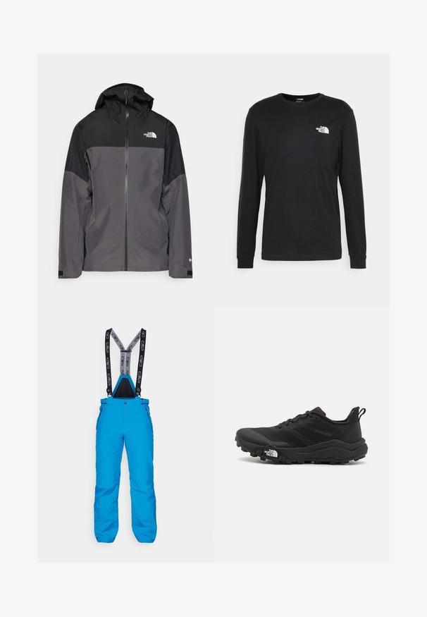 Pilkas vandeniui atsparus švarkas su juodu viršutiniu įdėklu, užtrauktuku priekyje, reguliuojamu gaubtu ir elastingomis rankovėmis. Yra logotipas ant krūtinės ir rankovės.; Juoda džemperis ilgomis rankovėmis, pagamintas iš medvilnės, su baltu logotipu kairėje krūtinės pusėje ir pūstomis rankogaliais. Lygus paviršius su apykakle.; Mėlynos slidinėjimo kelnės su reguliuojamomis juodomis ir pilkomis petnešomis, su užtrauktukais šoninėse kišenėse ir tvirta, vandeniui atspari medžiaga.; Juoda bėgimo batai su tekstūruotu paviršiumi, guma padais ir sustiprinta pirštų dalimi. Yra paminkštinta apykaklė ir kilpos, leidžiančios lengvai užsidėti.