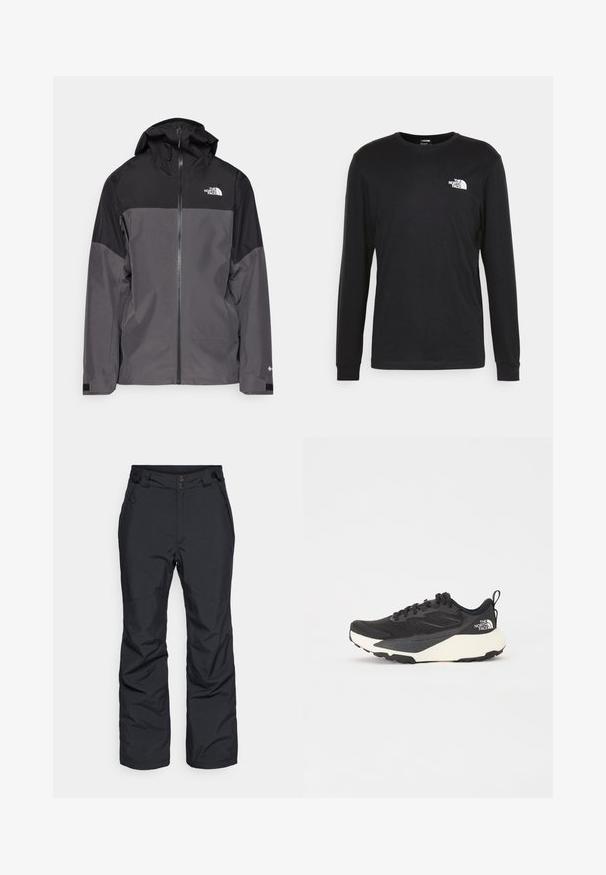 Grå vattentät jacka med svart övre del, dragkedja fram, justerbar huva och elastiska ärmslut. Har logotyp på bröstet och ärmen.; Svart långärmad t-shirt i bomull med en vit logotyp på vänster bröst och ribbade ärmslut. Slät textur med rundad halsringning.; Svarta snöbyxor i vattentätt material, med rak passform, två knappar, justerbart midjeband och sidofickor.; Svart sportskor med strukturerad meshöversida, helt svarta detaljer och vit lätt sula. Utökad med snörning och dragflik.