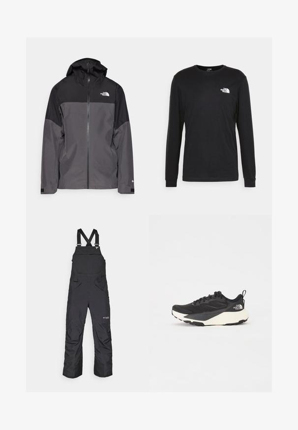 Szürke vízálló dzseki fekete felső résszel, cipzáros elülső rész, állítható kapucni és rugalmas mandzsetta. A mellkason és az ujjon logóval ellátva.; Fekete, hosszú ujjú pamut póló, bal mellrészen fehér logóval és bordázott mandzsettákkal. Sima textúrájú, kerek nyakkivágással.; Fekete hóoverál állítható vállpántokkal, oldalsó zsebekkel és egy elülső fedeles zsebbel. Időjárásálló anyagból készült.; Fekete sportcipő texturált hálós felső résszel, egységes fekete kiegészítőkkel és fehér könnyített talppal. Fűzős záródással és húzóhurokkal rendelkezik.