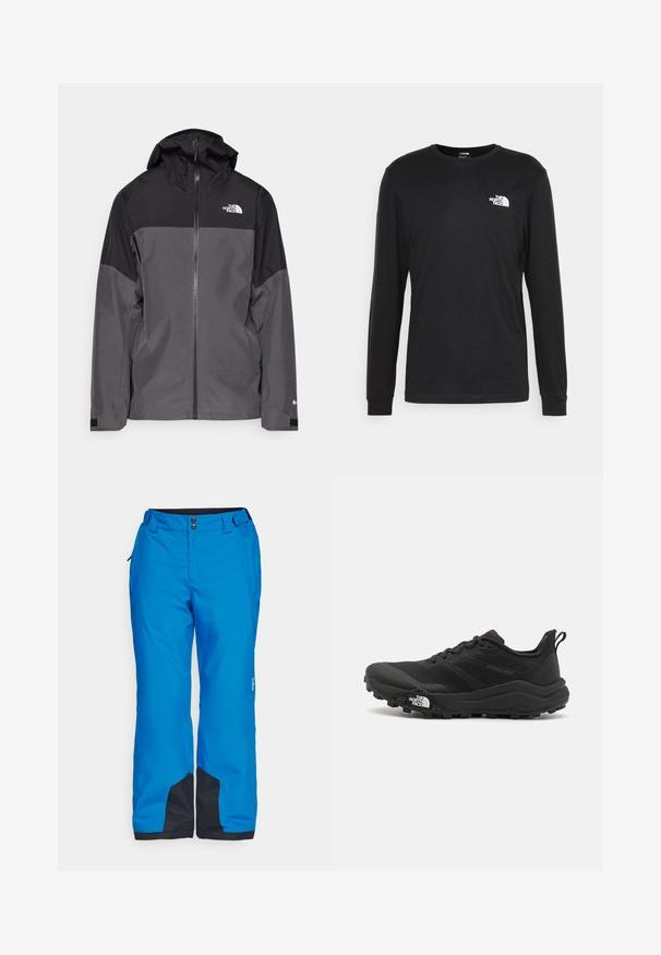 Pelēks ūdensnecaurlaidīgs mētelis ar melnu augšējo daļu, ar rāvējslēdzēja priekšpusi, regulējamu kapuci un elastīgām aprocēm. Iekļauj logotipu uz krūtīm un piedurknēm.; Melnā garenā piedurkņu T-kreklā, kas izgatavots no kokvilnas, kreklā ir balts logo uz kreisā krūšu laukuma un ribotās aproces. Tam ir gluda tekstūra un apaļa izgriezuma forma.; Zilas sniega bikses ar gludu tekstūru, divām priekšējām pogām un melniem akcentiem pie piedurknēm un sānu kabatām funkcionalitātes nodrošināšanai.; Melnas taku skriešanas kurpes ar teksturētu virsu, gumijas zoli un pastiprinātu pirkstu daļu. Aprīkotas ar mīkstu apkakli un vilkšanas cilpu, lai viegli uzvilktu.