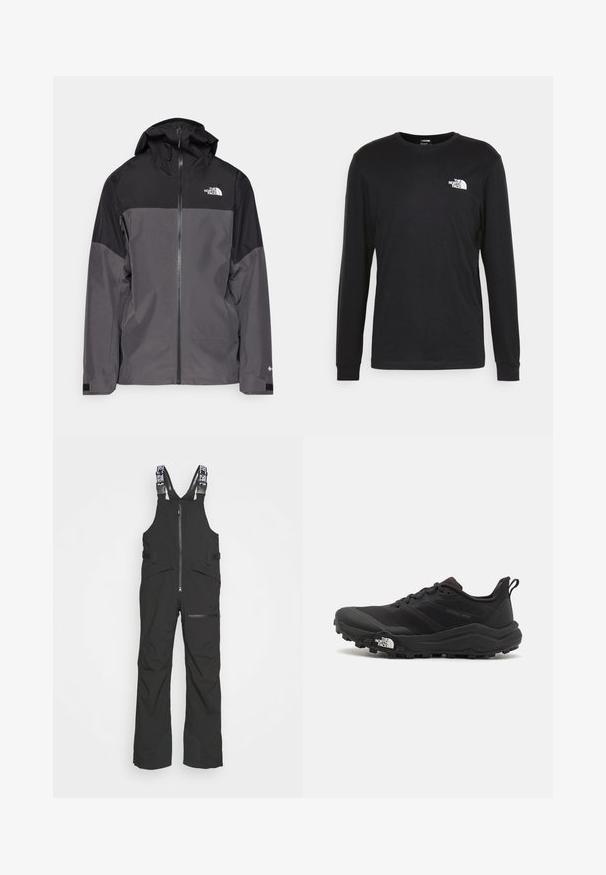 Gray waterproof jacket with a black upper section, zippered front, adjustable hood, and elastic cuffs. Features logo on chest and sleeve.; Black long-sleeve t-shirt made of cotton, featuring a white logo on the left chest and ribbed cuffs. Smooth texture with a crew neckline.; Black waterproof bib overalls feature adjustable straps, a front zipper, and multiple pockets, with reinforced leg panels for durability.; Black trail running shoe with a textured upper, rubber sole, and reinforced toe cap. Features a padded collar and pull tab for easy wear.