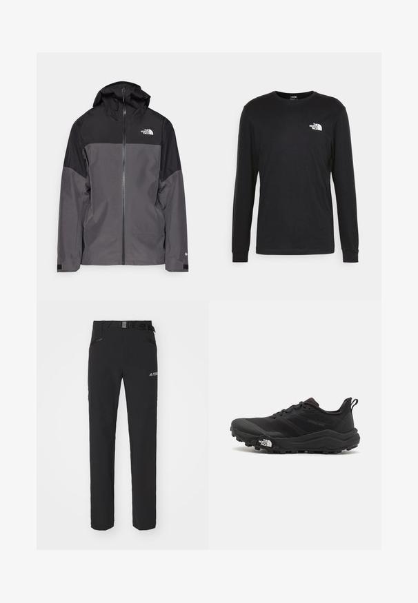 Siva vodoodbojna jakna z črnim zgornjim delom, zadrgo spredaj, nastavljivo kapuco in elastičnimi manšetami. Ima logotip na prsih in rokavih.; Črna majica z dolgimi rokavi iz bombaža, ki ima beli logotip na levem prsnem delu in rebraste manšete. Gladka tekstura z okroglim izrezom.; Črne zunanje hlače z gladkim materialom, stranskimi žepi z zadrgo, ojačanimi koleni in nastavljivim pasom s sponko.; Črne tekaške čevlje za trail s teksturirano zgornjega dela, gumijastim podplatom in ojačanim zaključkom prstov. Vključuje oblazinjen ovratnik in zanko za enostavno obuvanje.